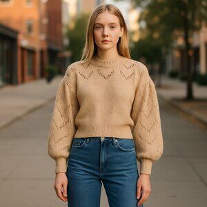 NWT ASTR THE LABEL POINTELLE KNIT SWEATER IN CAMEL Large Wool Blend